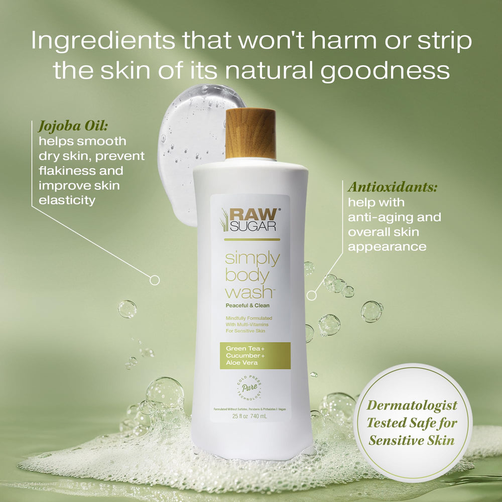 RAW SUGAR Green Tea Aloe Soother pour bottle showing creamy, hydrating lather.
