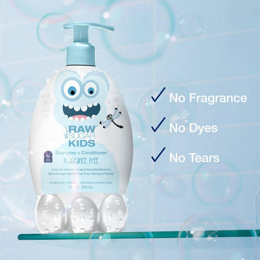 RAW SUGAR Kids 2-in-1 creamy texture highlights soothing bath soak for calm skin