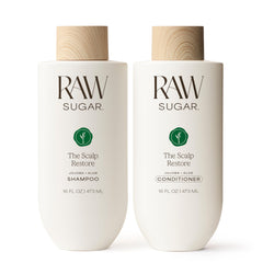 Raw Sugar Scalp Restore Shampoo bottle promotes a refreshed scalp and fuller-looking hair.