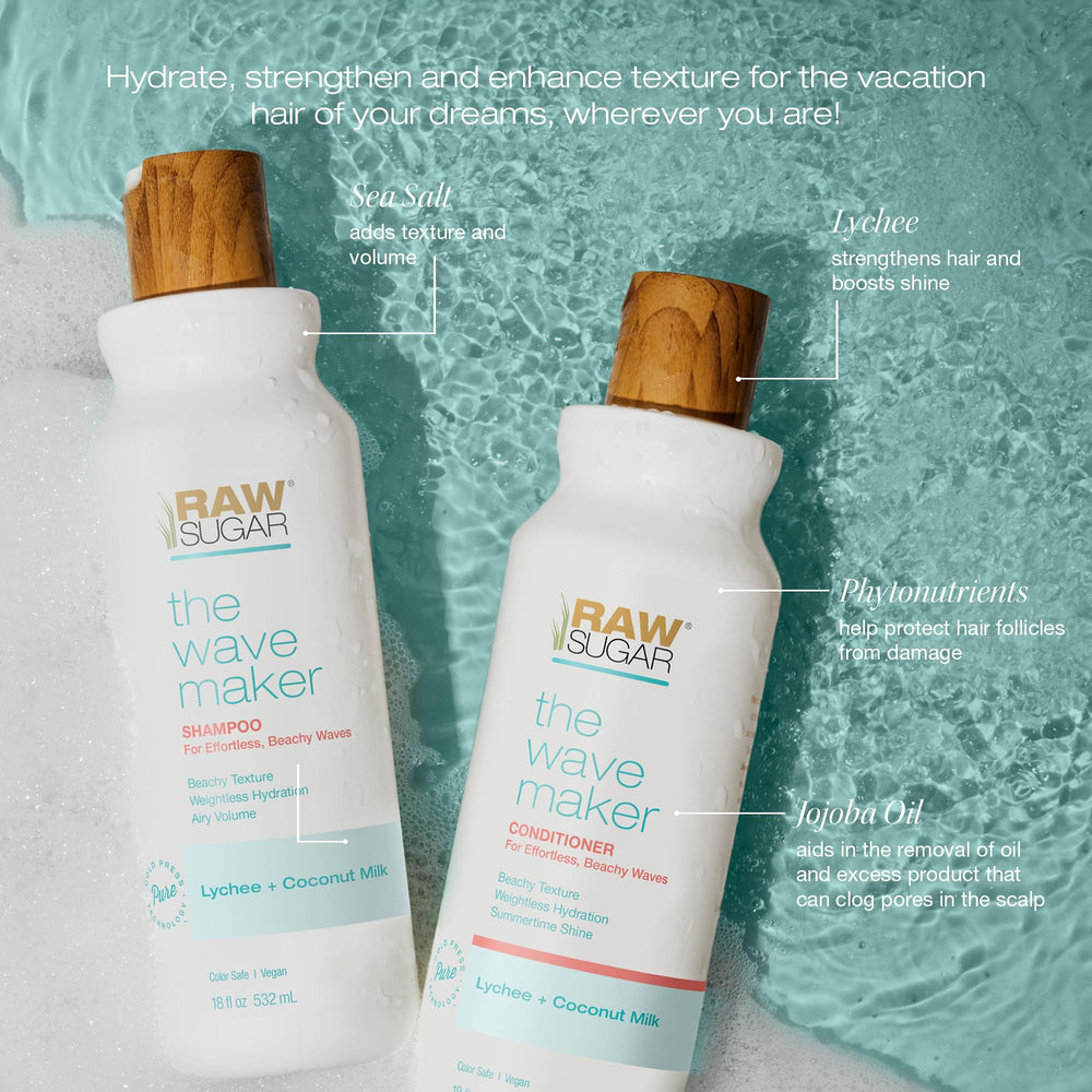 RAW SUGAR Wave Maker shampoo foam-dispense demonstrates easy application for beachy texture