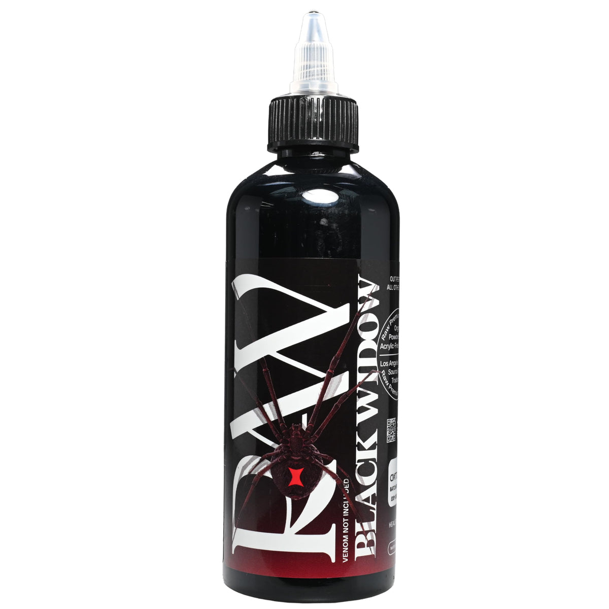 Raw Black Widow tattoo ink bottle closeup with rich deep black pigment for bold lines.