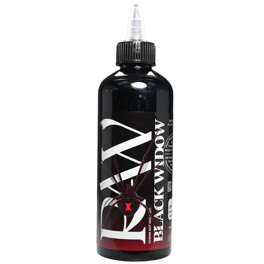 Raw Black Widow tattoo ink bottle closeup with rich deep black pigment for bold lines.