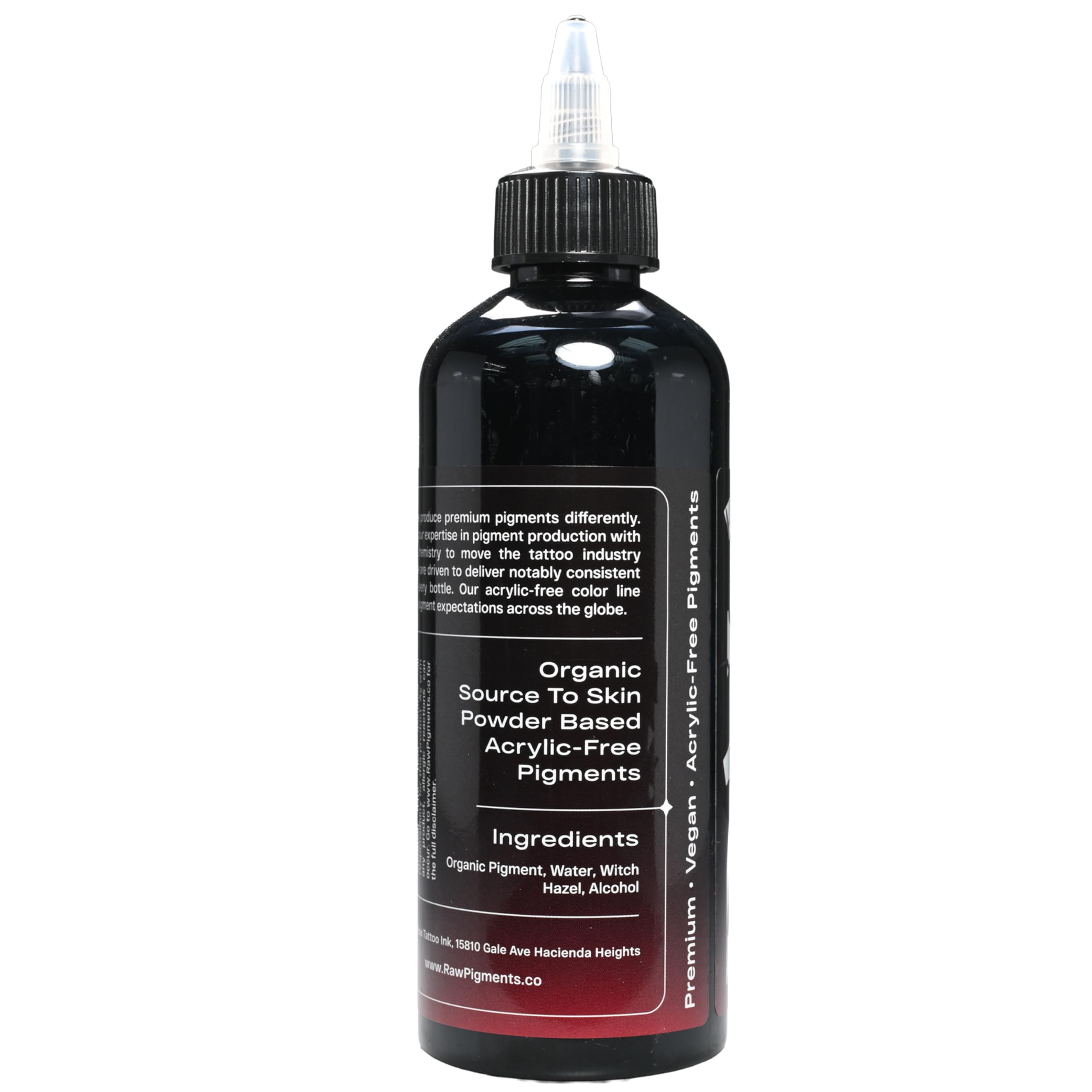 Raw vegan acrylic-free label highlights cruelty-free formulation and clean standards.
