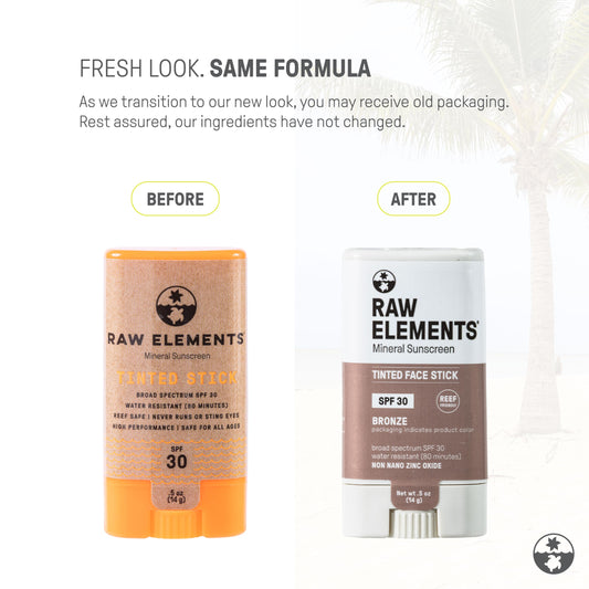 Raw Elements reef-friendly packaging with tinted sunscreen for sustainable skincare.