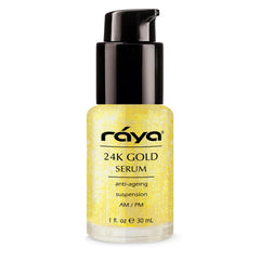 Raya 24K gold serum bottle closeup for daily anti-aging routine.