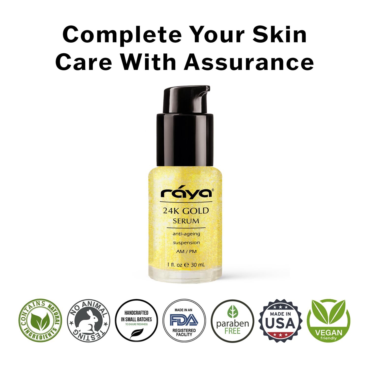 Raya 24K gold serum packaging on shelf exudes luxury.