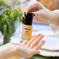 Raya 24K gold serum on skin radiance during morning routine.
