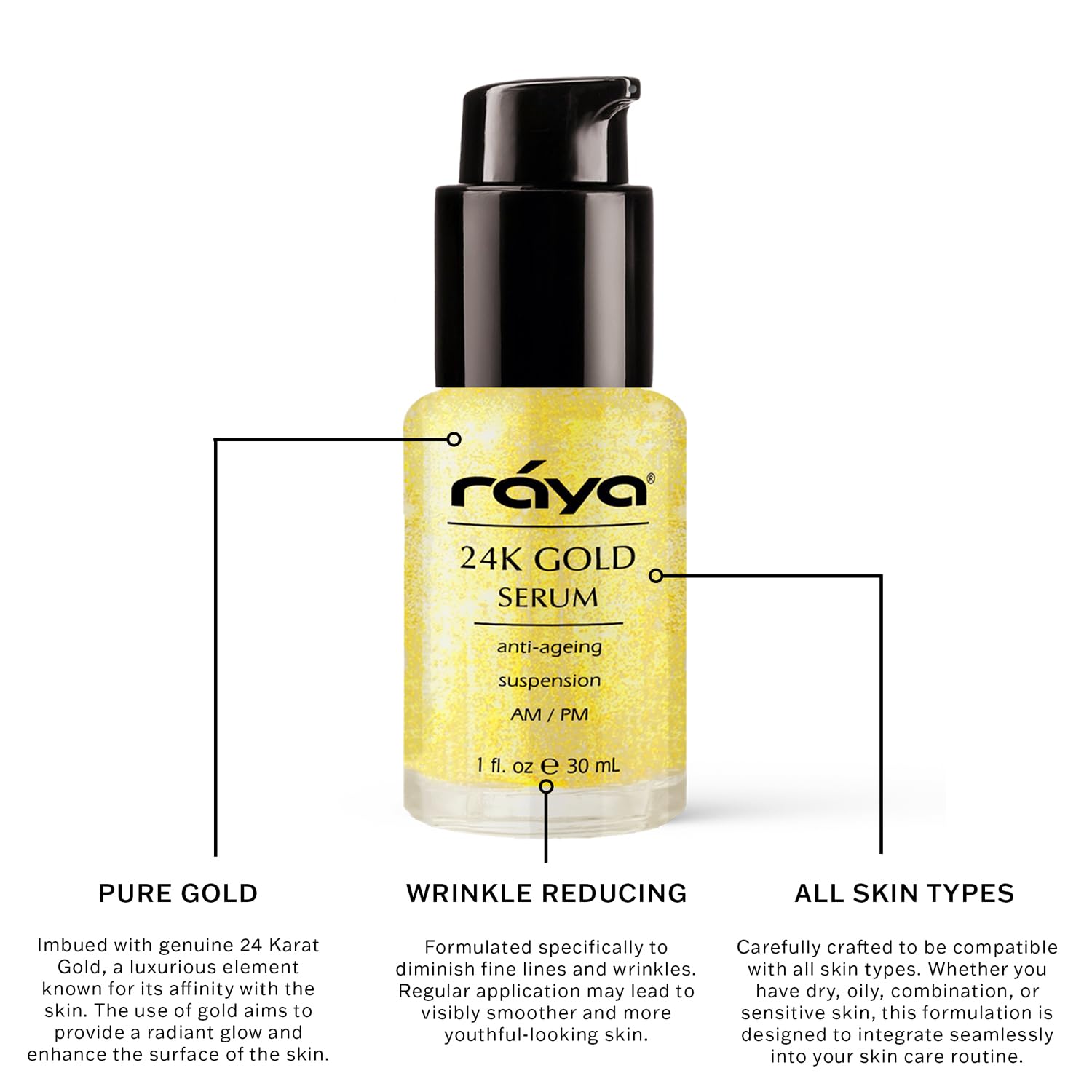 Raya 24K gold serum texture swirl shows smooth absorption.