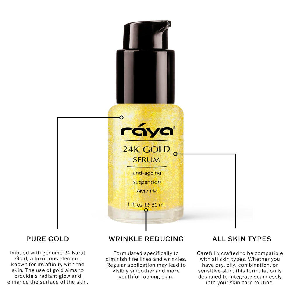Raya 24K gold serum texture swirl shows smooth absorption.
