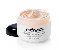 RAYA Almond Honey Facial Scrub bottle close-up showing natural exfoliants for radiant skin.
