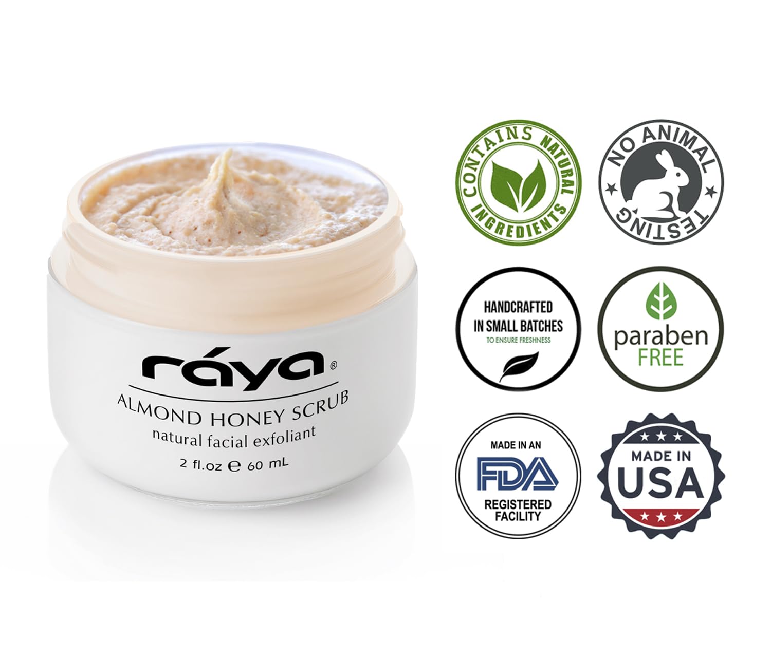 RAYA scrub texture with visible almond meal particles.