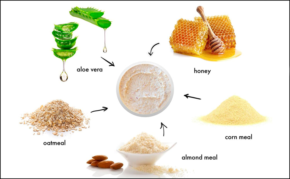 RAYA Almond Honey Facial Scrub tube in use, gentle exfoliation for smooth skin.