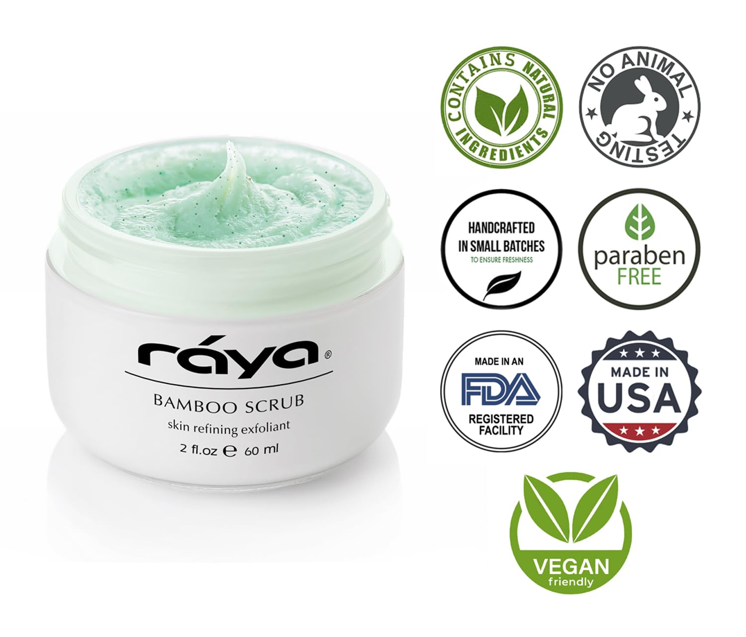 Raya Bamboo Facial Scrub packaging front showing USA-made, cruelty-free formula.