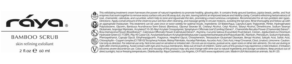 Raya Bamboo Facial Scrub USA-made label emphasizing cruelty-free production.