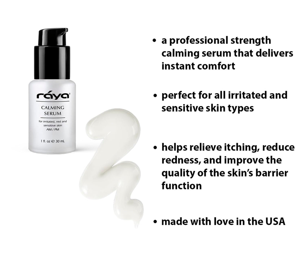 Raya Calming Serum texture closeup highlights creamy, gentle feel on skin