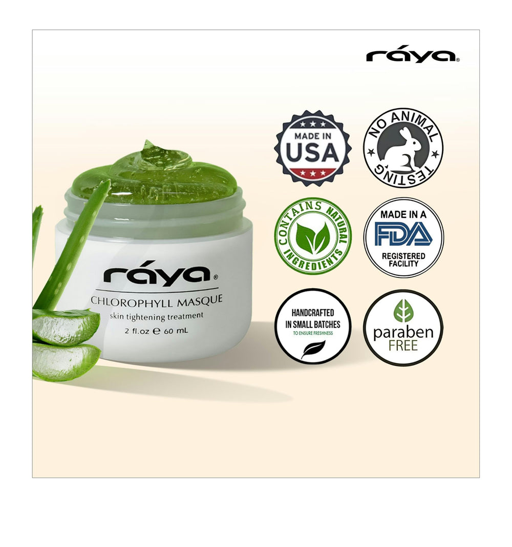 Raya Chlorophyll Masque with Aloe Vera for soothing hydration.