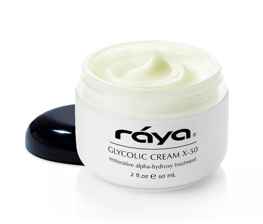 Raya Glycolic Cream X-50 bottle closeup shows premium packaging for exfoliation-ready skin