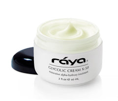 Raya Glycolic Cream X-50 bottle closeup shows premium packaging for exfoliation-ready skin