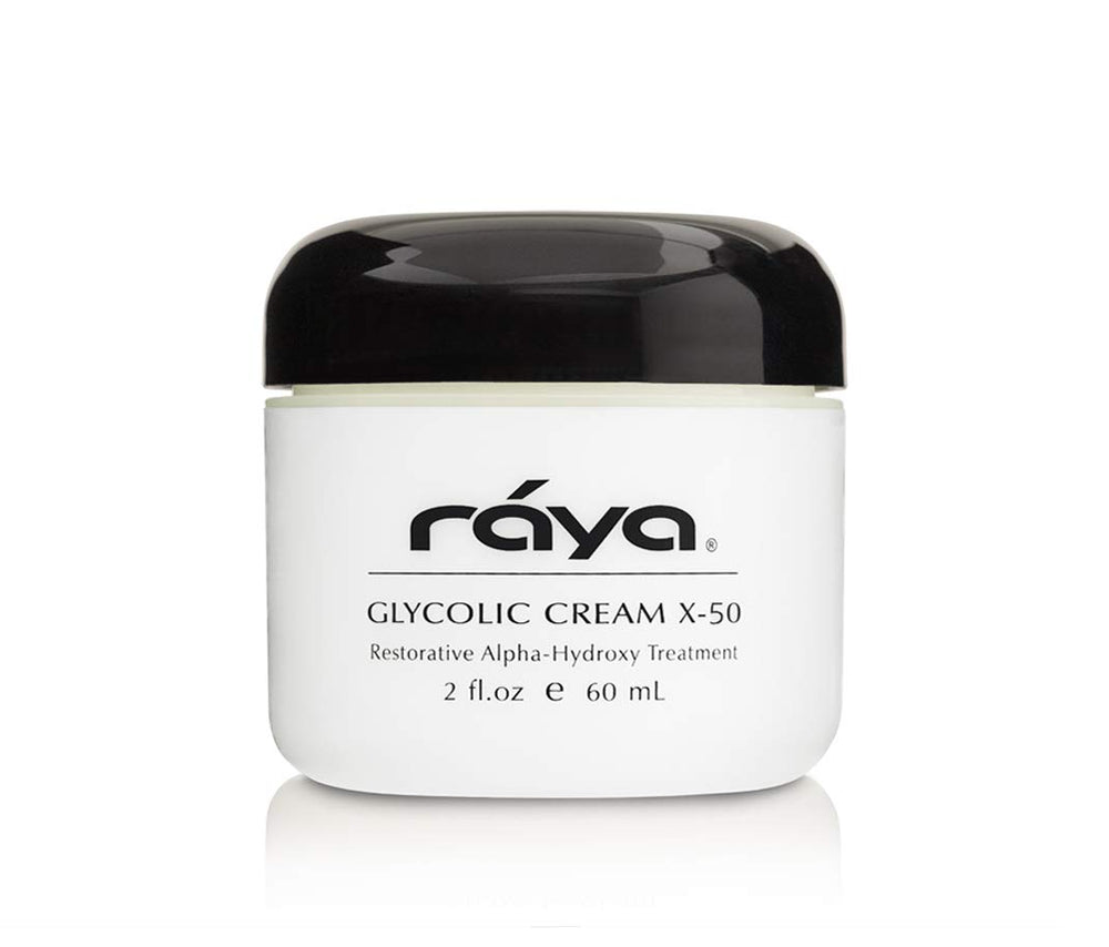 Raya Glycolic Cream X-50 packaging highlights cruelty-free and USA-made integrity