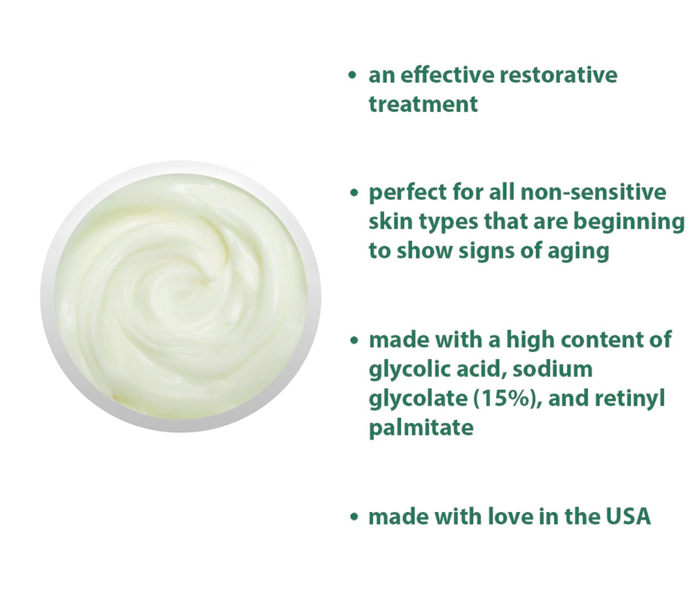 Raya Glycolic Cream X-50 texture swirl demonstrates creamy exfoliant for nightly use
