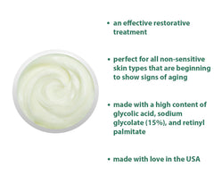 Raya Glycolic Cream X-50 texture swirl demonstrates creamy exfoliant for nightly use