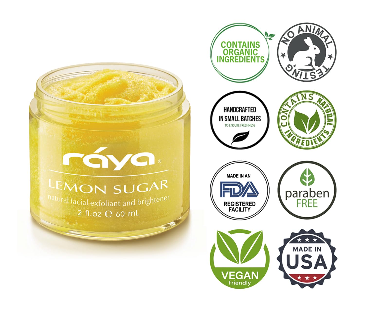 Raya Lemon Sugar Facial Scrub natural ingredients highlight lemon and sugar.