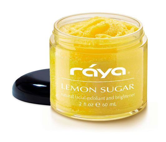 Raya Lemon Sugar Facial Scrub packaging highlights natural ingredients for at-home care.