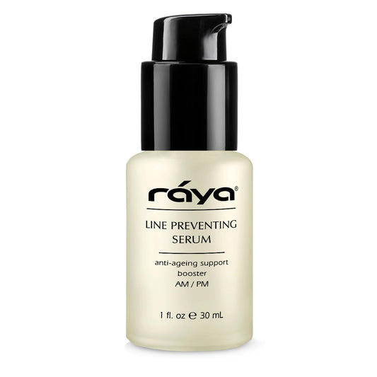 Raya Line Preventing Serum bottle close-up highlights premium anti-aging care