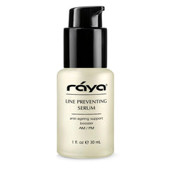 Raya Line Preventing Serum bottle close-up highlights premium anti-aging care