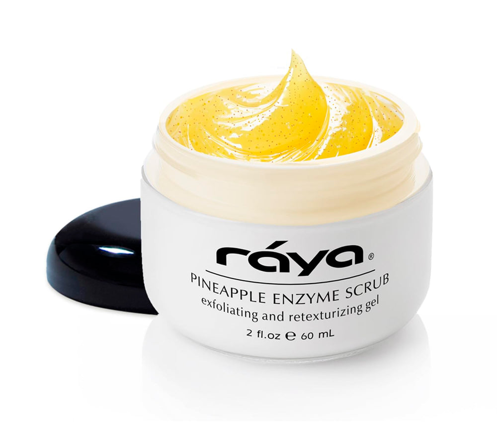 Raya Pineapple Enzyme Scrub jar shows nourishing exfoliation for glowing skin