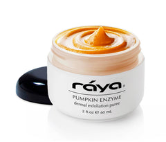 Raya Pumpkin Enzyme Facial Puree packaging closeup highlighting natural ingredients and gentle exfoliation.