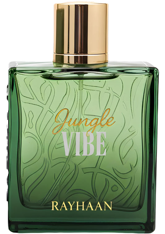 Rayhaan Jungle Vibe bottle in deep green glass, ideal for everyday fresh unisex fragrance