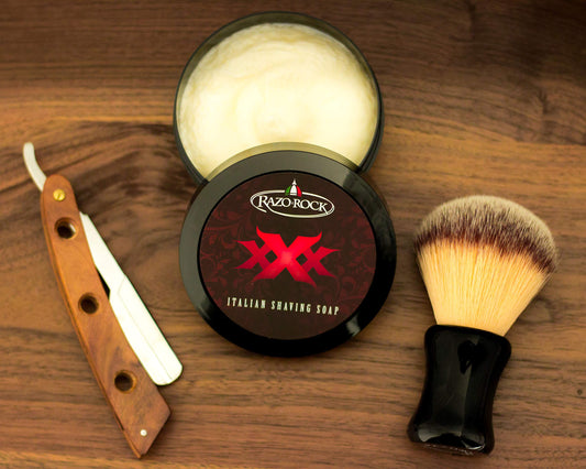 RazoRock XXX lather with shaving brush demonstrates creamy texture for wet shaving