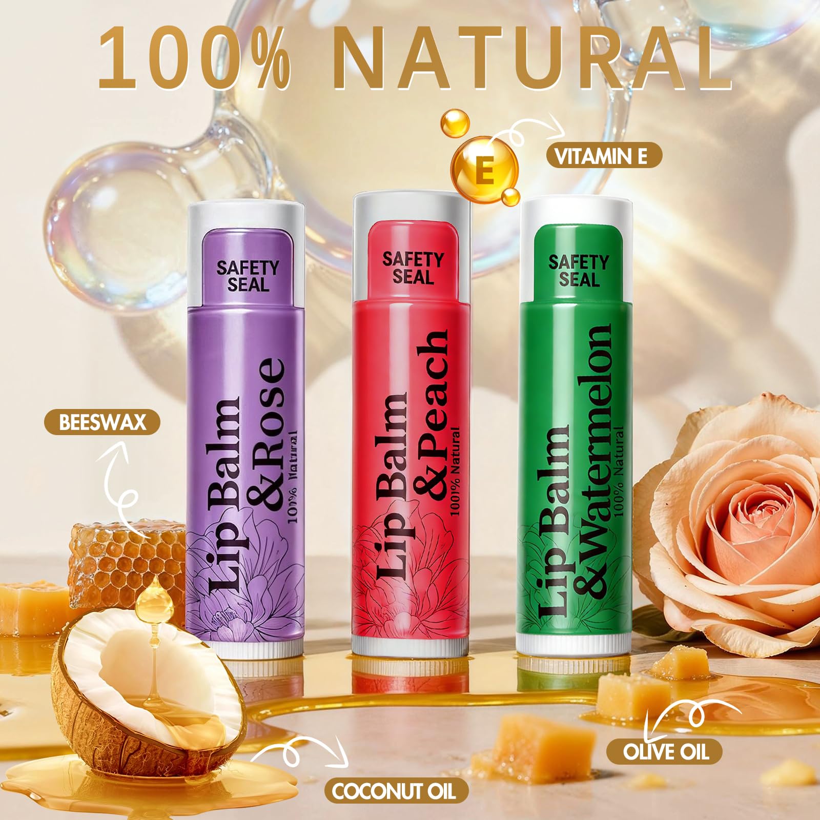 RBUGR peach flavor lip balm nourishes dry lips all day.