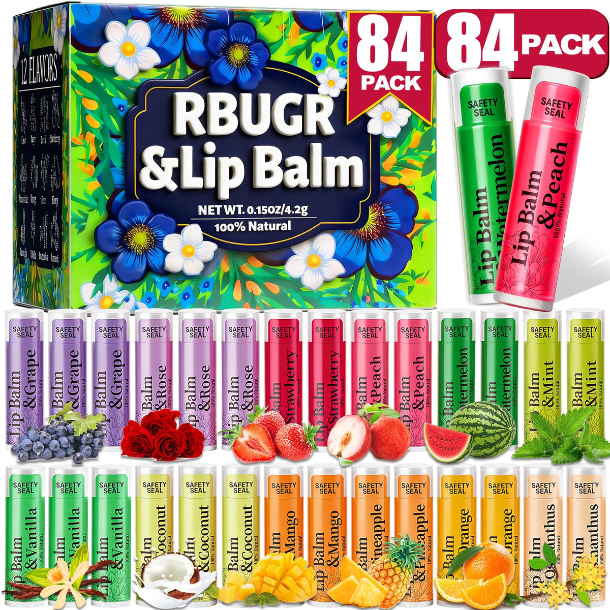 RBUGR 84-pack lip balms with rose flavor for daily hydration.