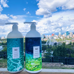 R+Co Atlantis bottle with shine and healthy-looking hair after use.