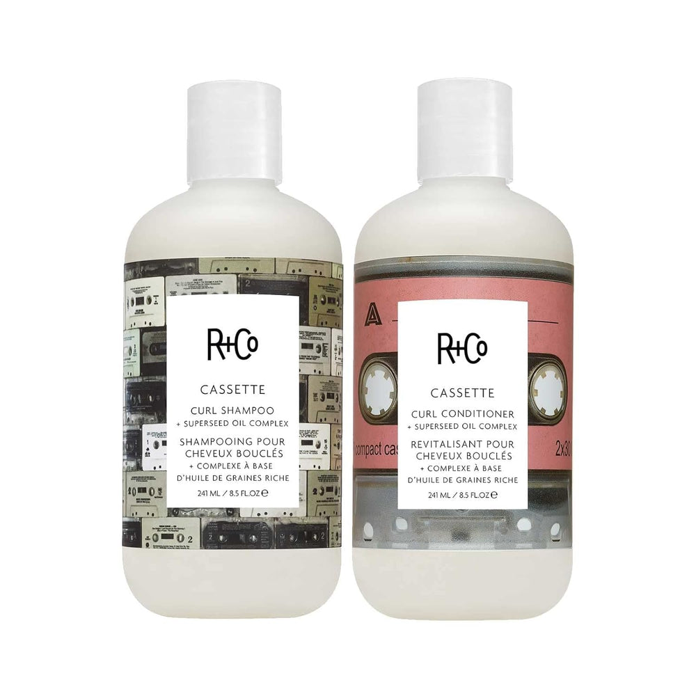 R+Co Cassette Curl Shampoo bottle with pump for easy cleansing and curl definition.
