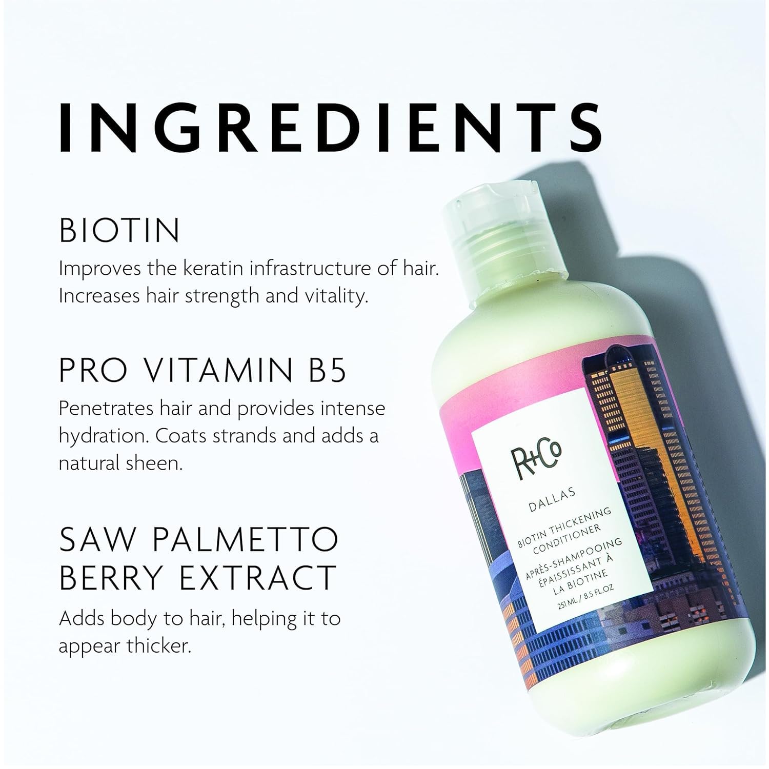 R+Co Dallas Biotin Thickening Conditioner texture swatch shows creamy formula.