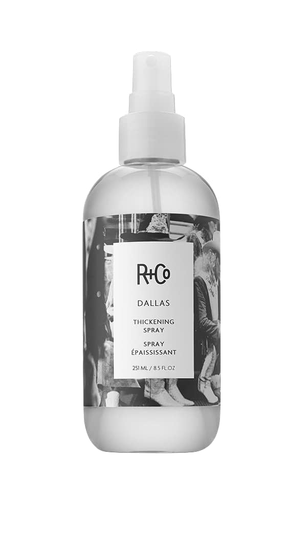 R+Co Dallas hair thickening spray bottle delivers volume, body, and sleek shine.