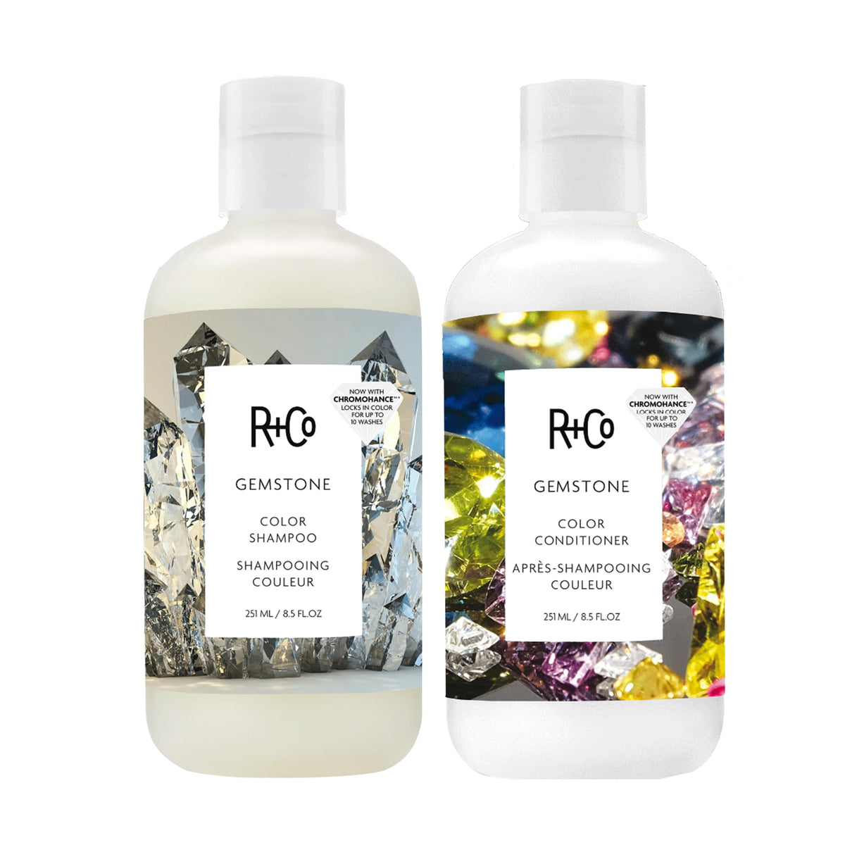 R+Co Gemstone Color Shampoo bottle close-up highlighting color protection