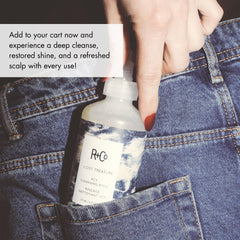 R+Co Lost Treasure shine close up highlights reflective healthy strands.