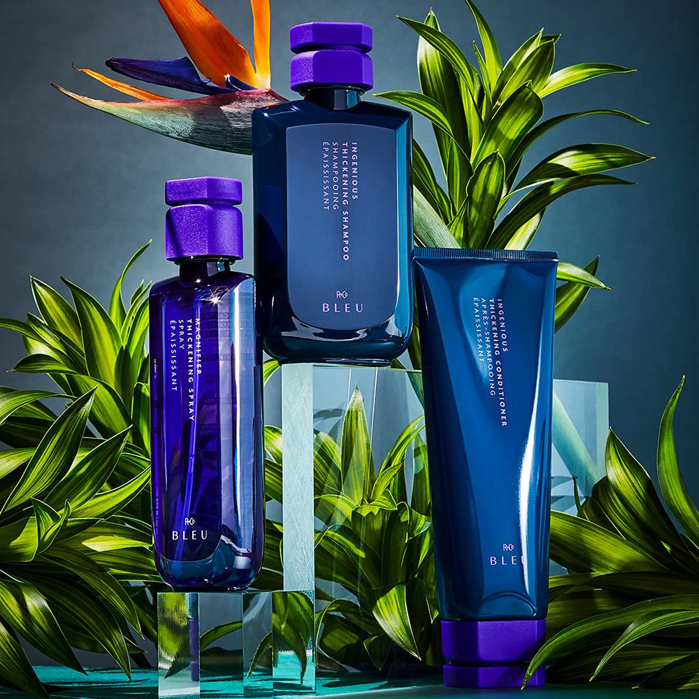 R+Co Magnifier close-up highlighting BLEU Molecule Complex for strength and shine.