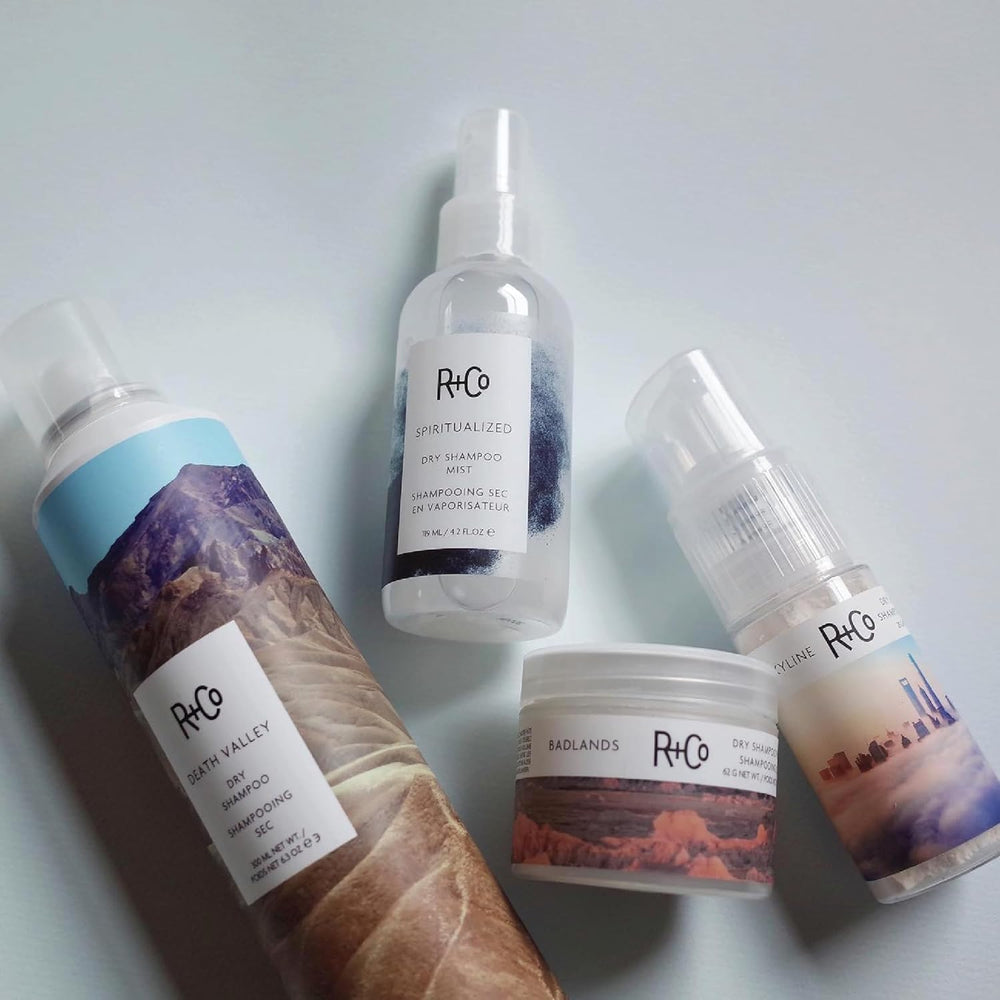 R+Co Skyline dry shampoo powder features jojoba seed oil for conditioning shine