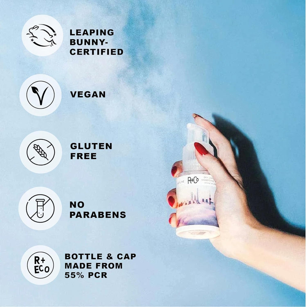 R+Co Skyline dry shampoo powder absorbs oil at roots, reviving volume and texture