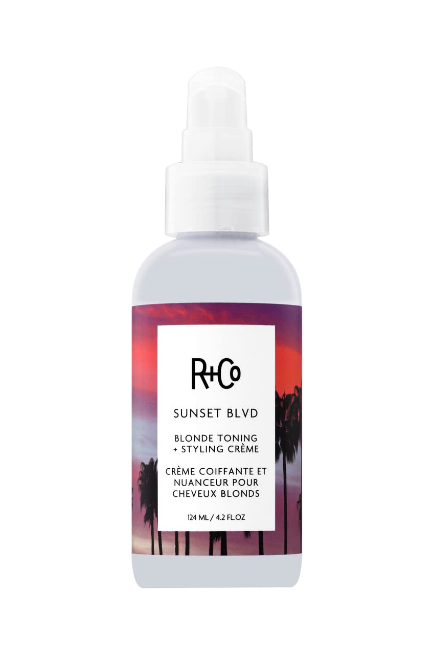 R+Co Sunset Blvd Blonde Toning Creme bottle front highlighting radiant blonde brightness and brass reduction.