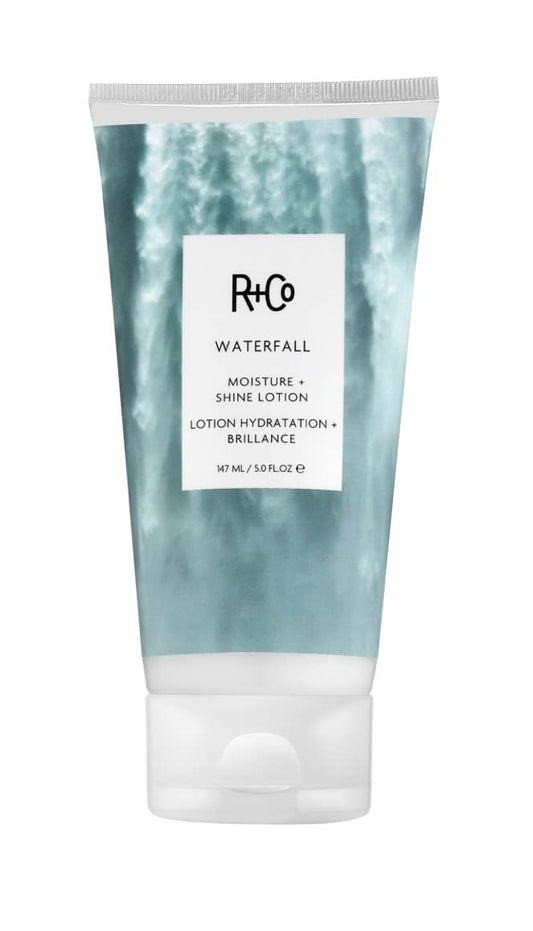 R+Co Waterfall bottle pour shows lightweight hydration for fine hair.