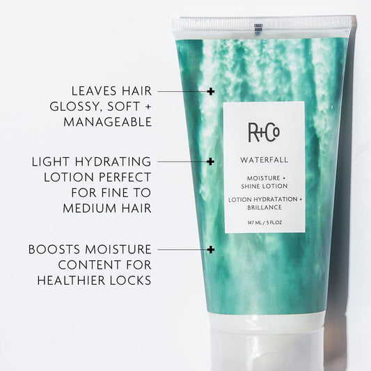 R+Co Waterfall gloss shot highlights shiny, soft strands.