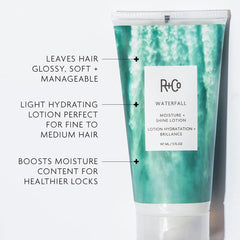 R+Co Waterfall gloss shot highlights shiny, soft strands.