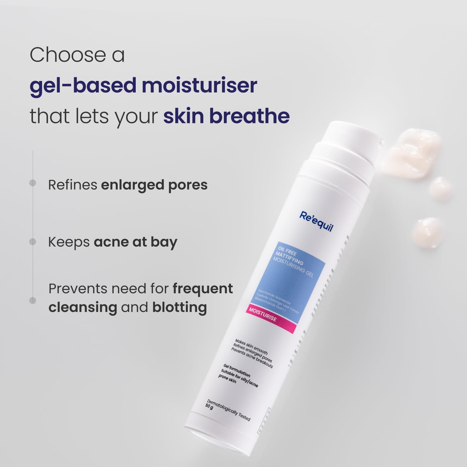 RE' EQUIL Moisturiser on skin delivering a smooth, non-greasy matte finish