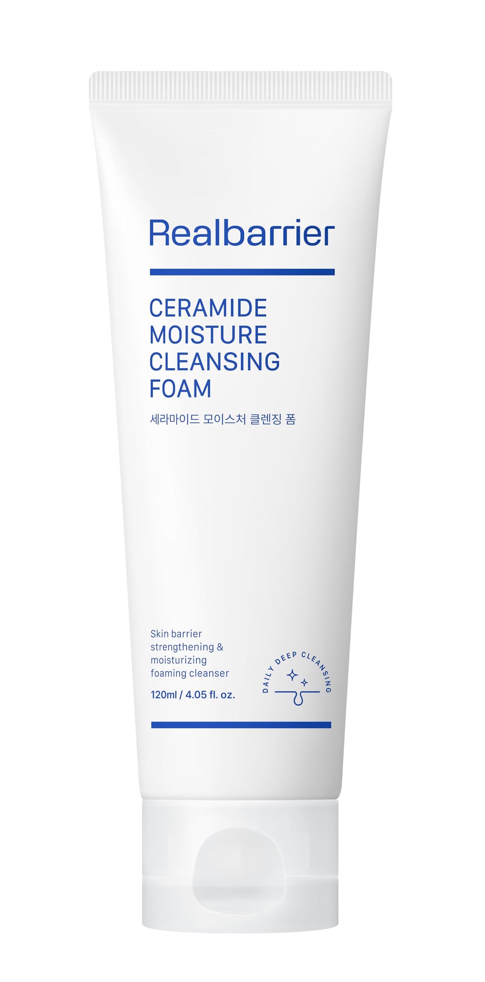 Real Barrier Ceramide Moisture Cleansing Foam bottle shows creamy lather for gentle makeup removal.